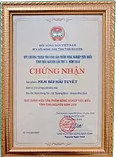 Chứng nhận của Hội Nông dân tỉnh Thái Nguyên cho sản phẩm Nem bùi Hải Tuyết